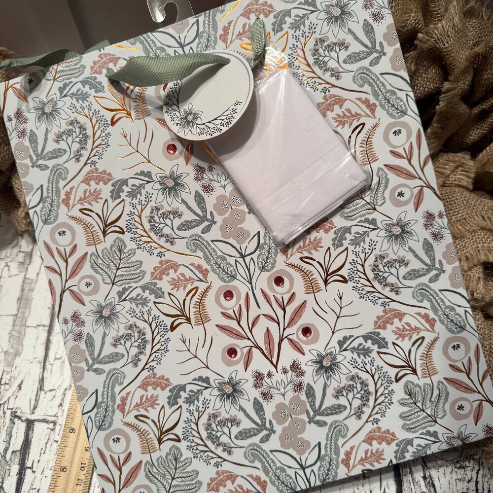Large Green and Beige Floral Gift Bags with Tissue Set of 3